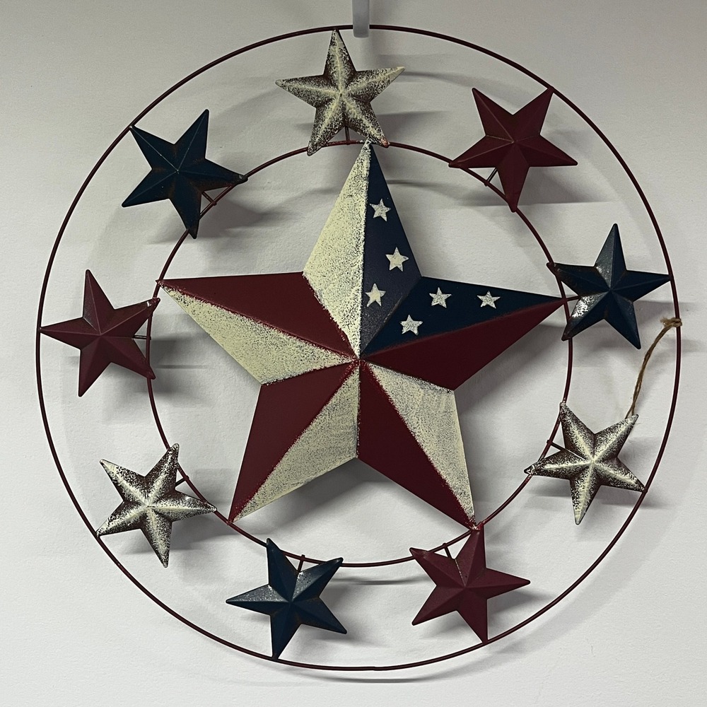 Patriotic Metal Barn Star Wall Decor Red White Blue 18" Round Wire Wreath USA